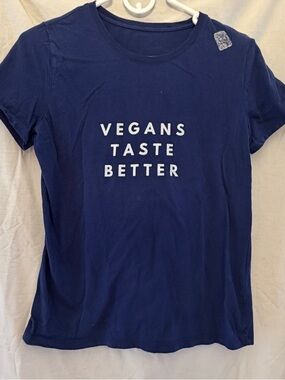 Gildan Navy Short Sleeve Tee with White "VEGANS TASTE BETTER" Graphic M
